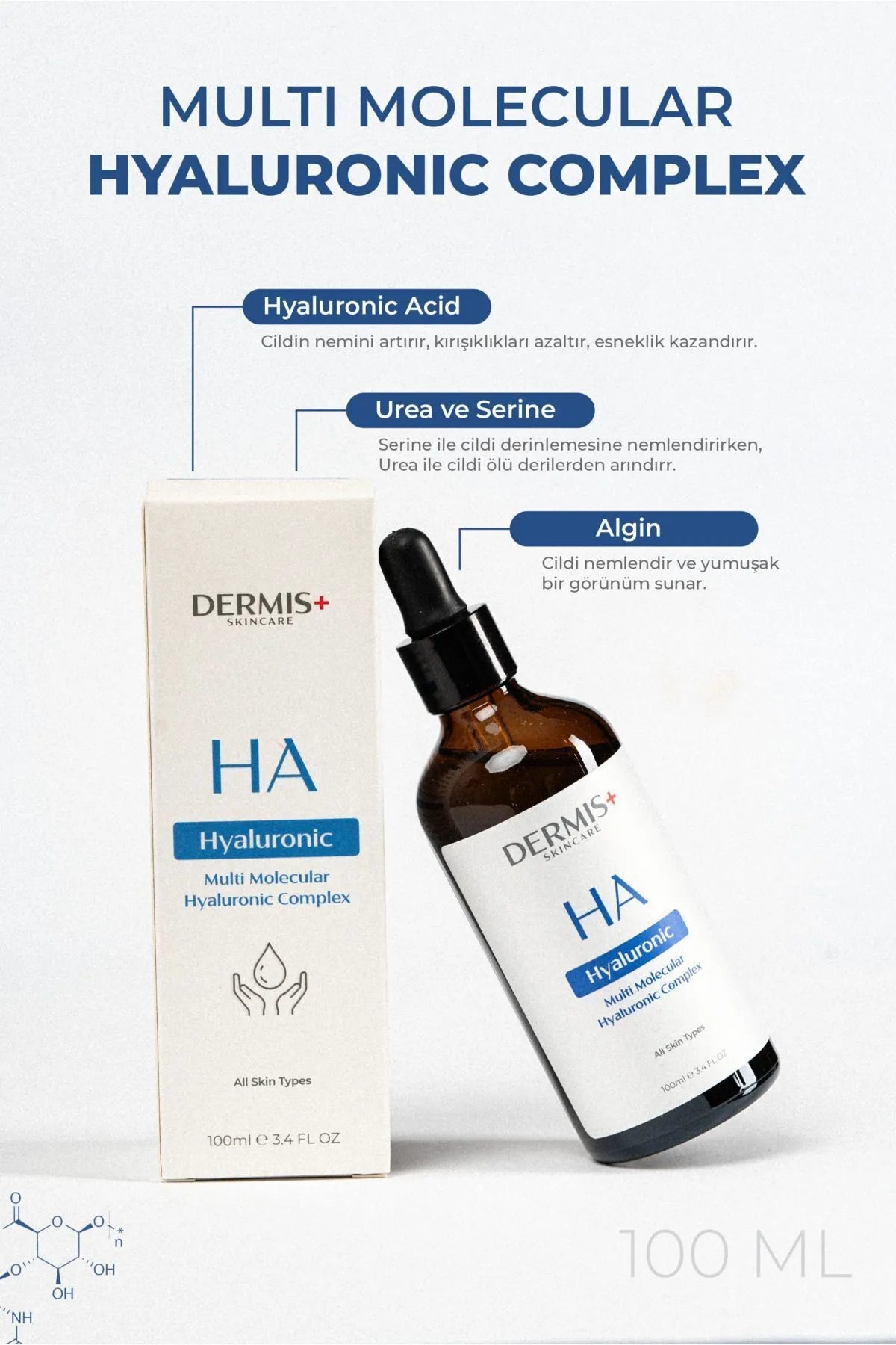 DERMIS PLUS 100ml Dolgunlaştırıcı Ve Yoğun Nemlendirici Multi Molecular Hyaluronic Acid Serum